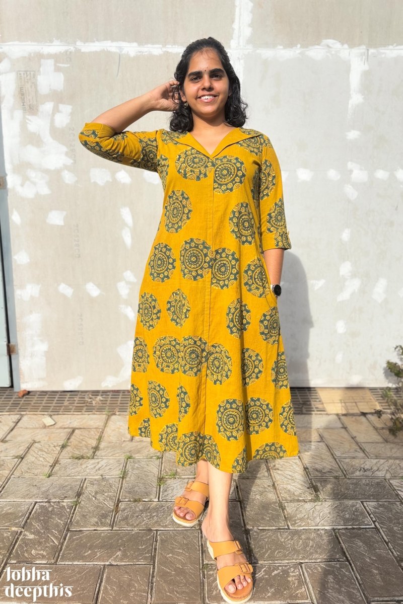 Mandala on Turmeric Ajrakh Dress - Lobha Deepthis