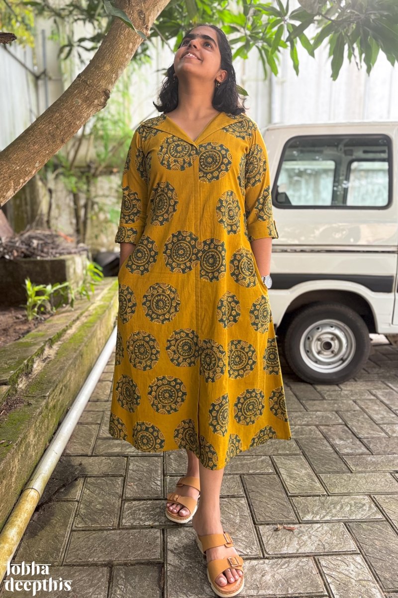 Mandala on Turmeric Ajrakh Dress - Lobha Deepthis