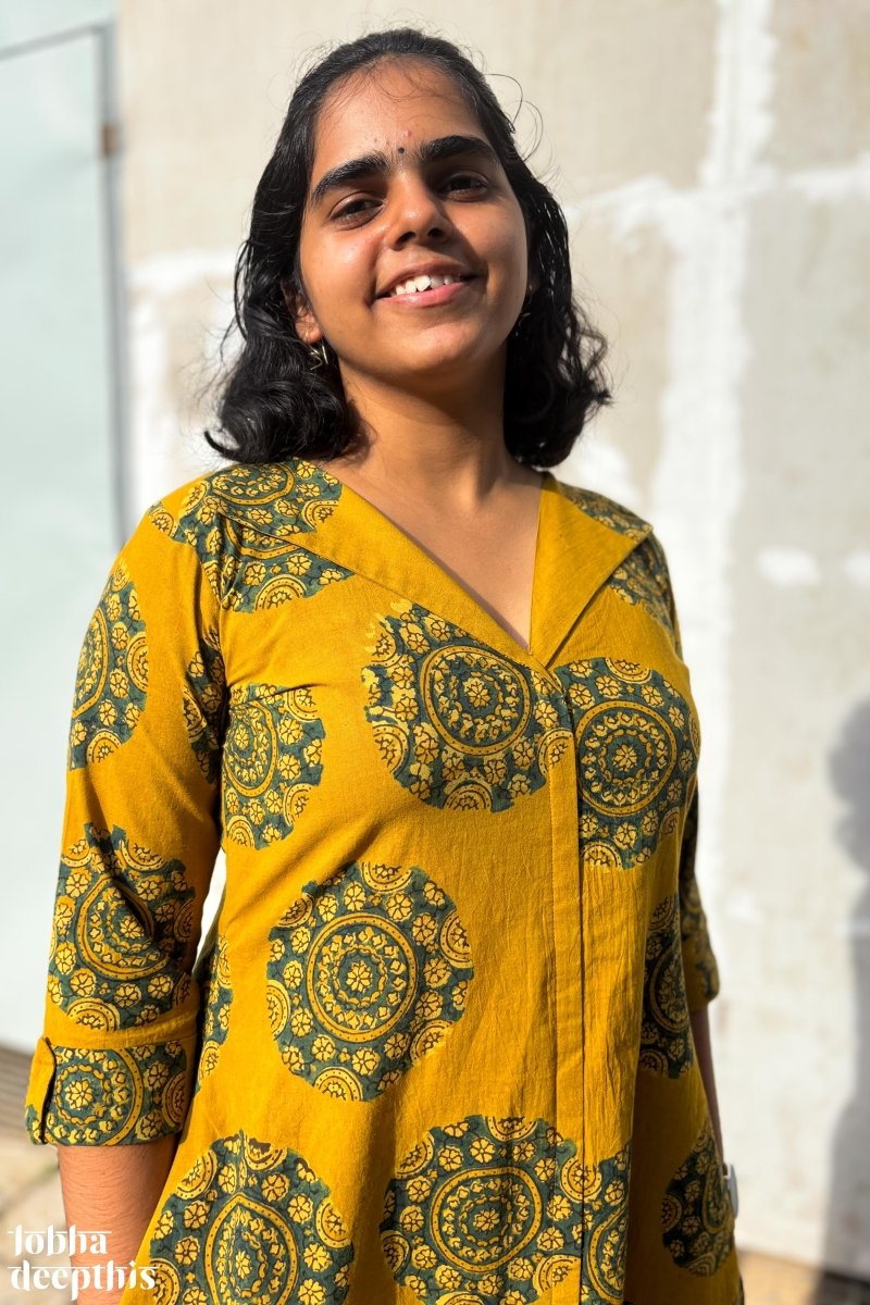 Mandala on Turmeric Ajrakh Dress - Lobha Deepthis