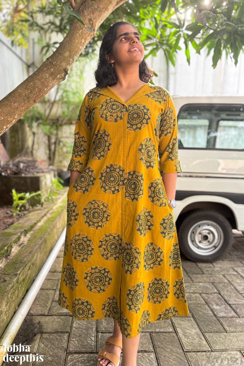 Mandala on Turmeric Ajrakh Dress - Lobha Deepthis