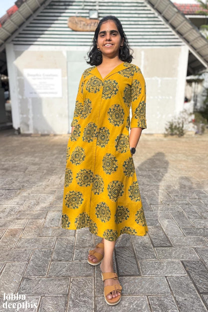 Mandala on Turmeric Ajrakh Dress - Lobha Deepthis