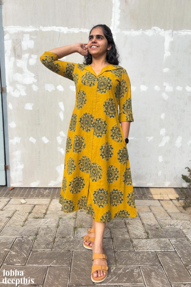 Mandala on Turmeric Ajrakh Dress - Lobha Deepthis