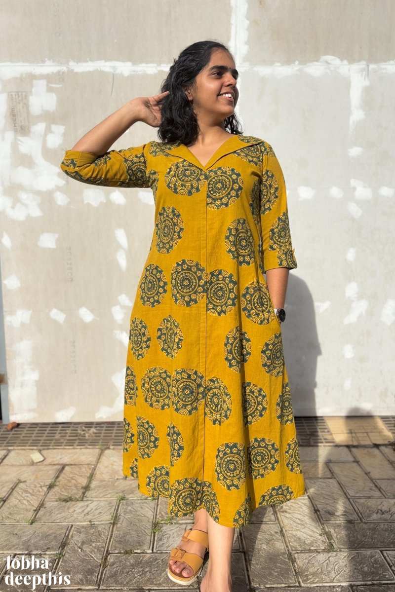 Mandala on Turmeric Ajrakh Dress - Lobha Deepthis