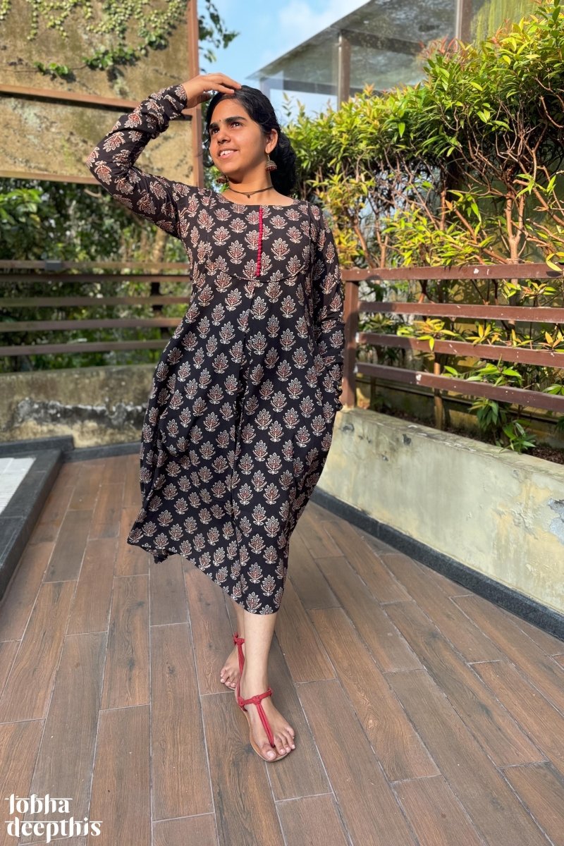 Manjari Black Ajrakh Dress - Lobha Deepthis