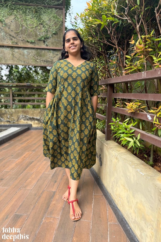 Manjari Green Ajrakh Dress - Lobha Deepthis