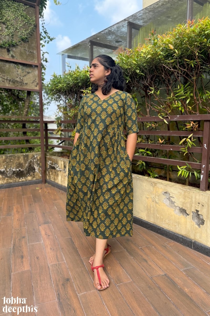 Manjari Green Ajrakh Dress - Lobha Deepthis