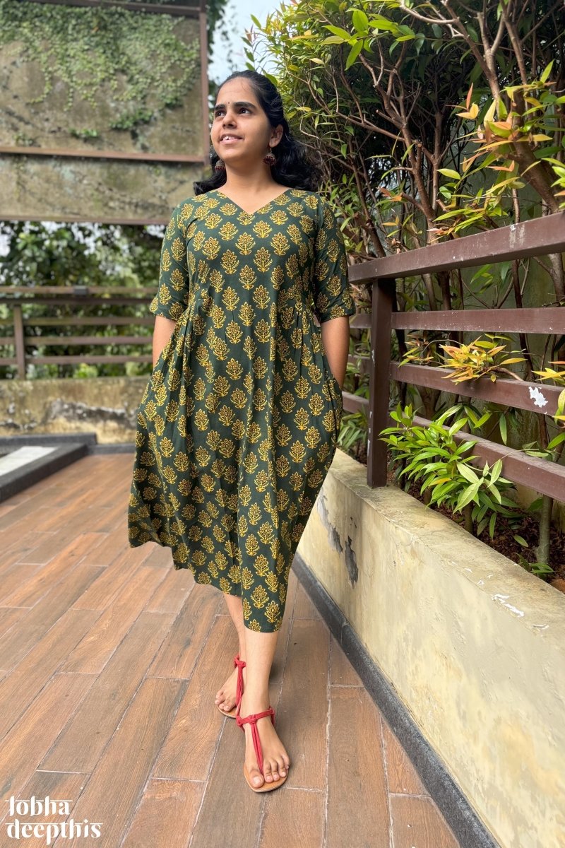 Manjari Green Ajrakh Dress - Lobha Deepthis