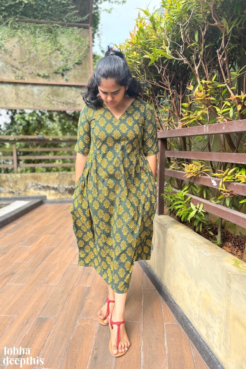 Manjari Green Ajrakh Dress - Lobha Deepthis