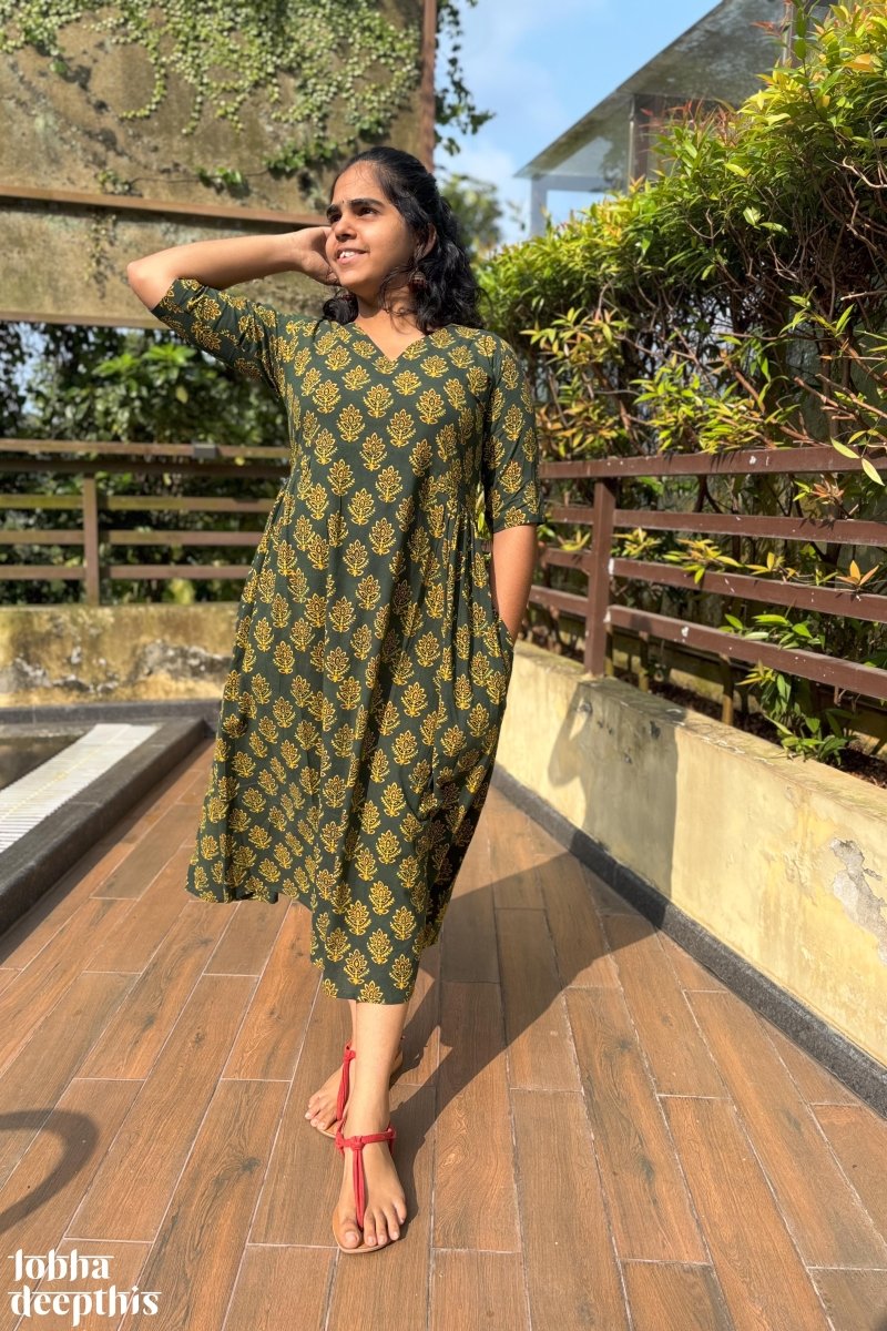 Manjari Green Ajrakh Dress - Lobha Deepthis