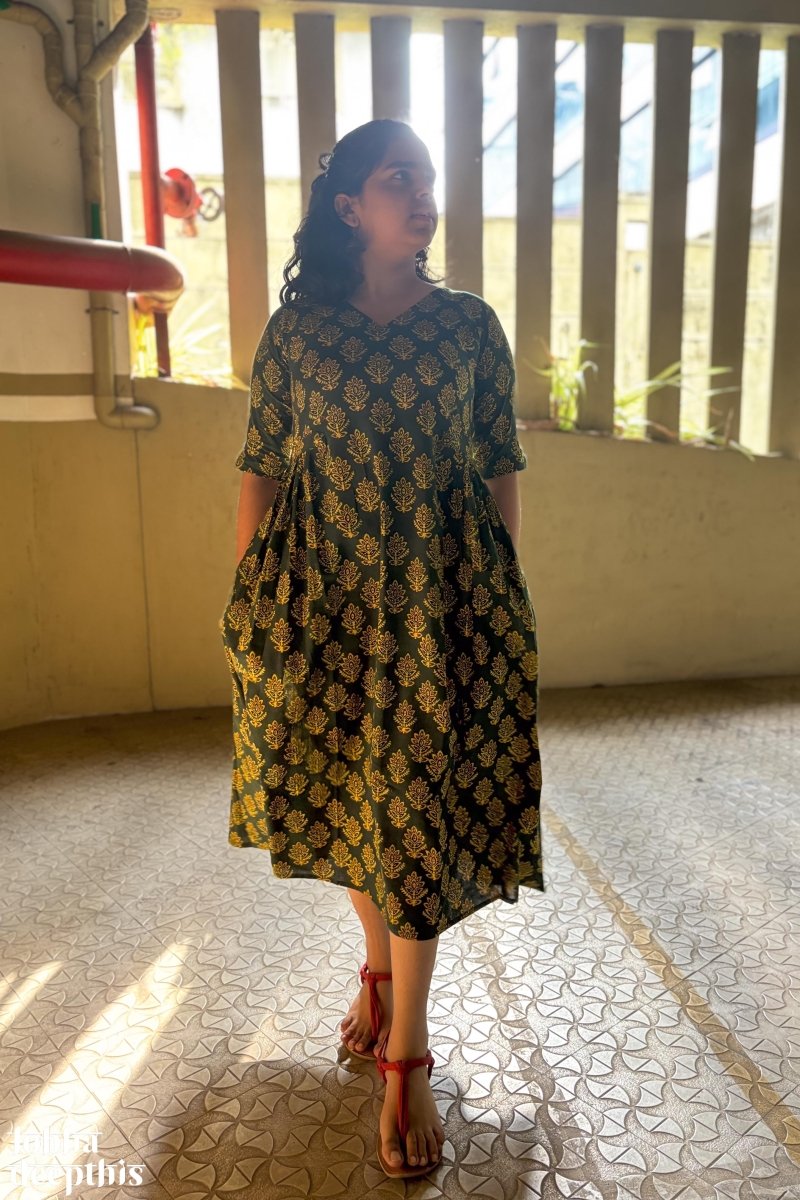 Manjari Green Ajrakh Dress - Lobha Deepthis