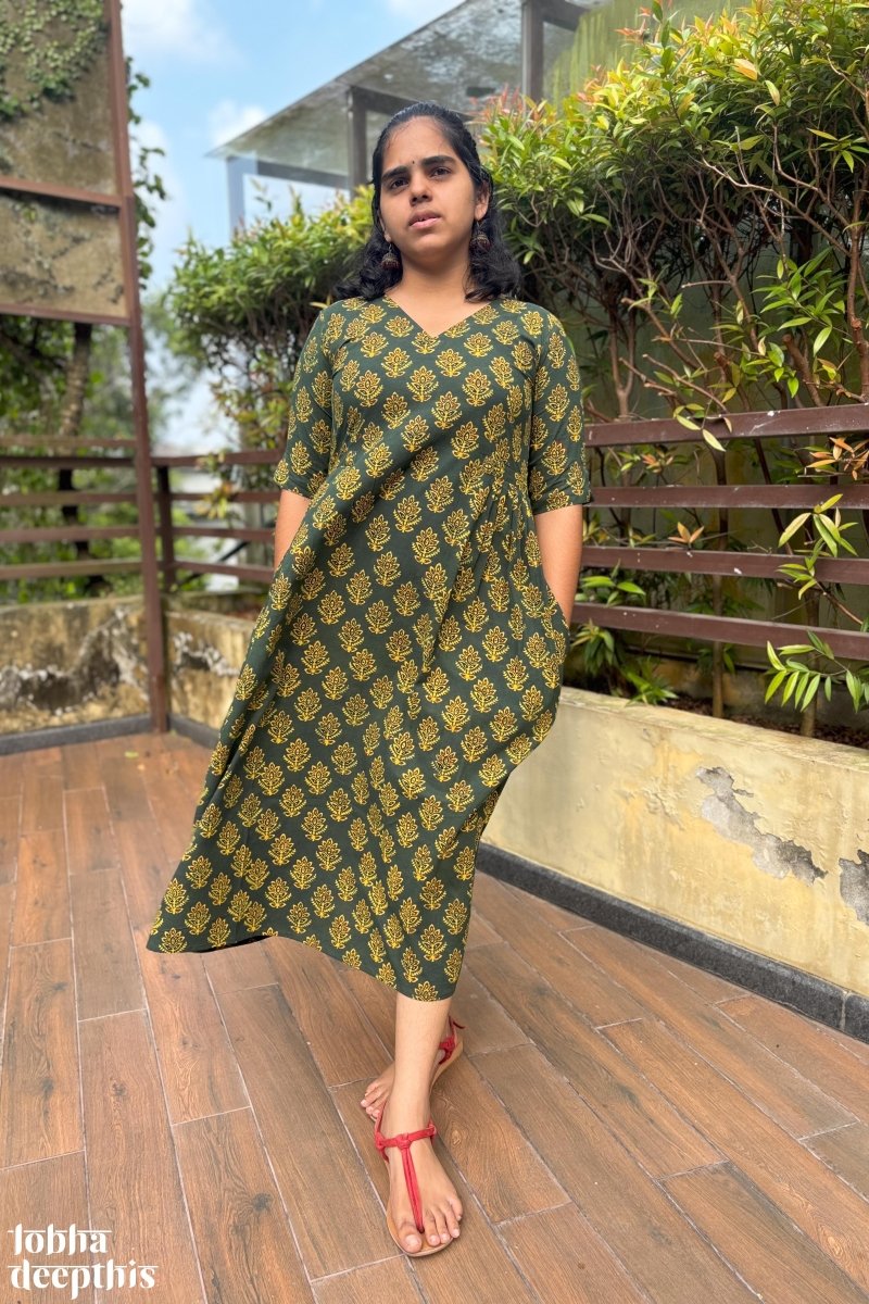 Manjari Green Ajrakh Dress - Lobha Deepthis