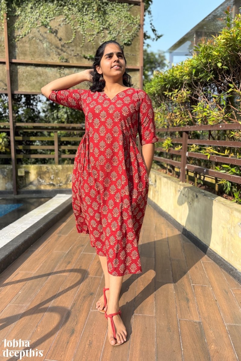 Manjari Madder Red Ajrakh Dress - Lobha Deepthis