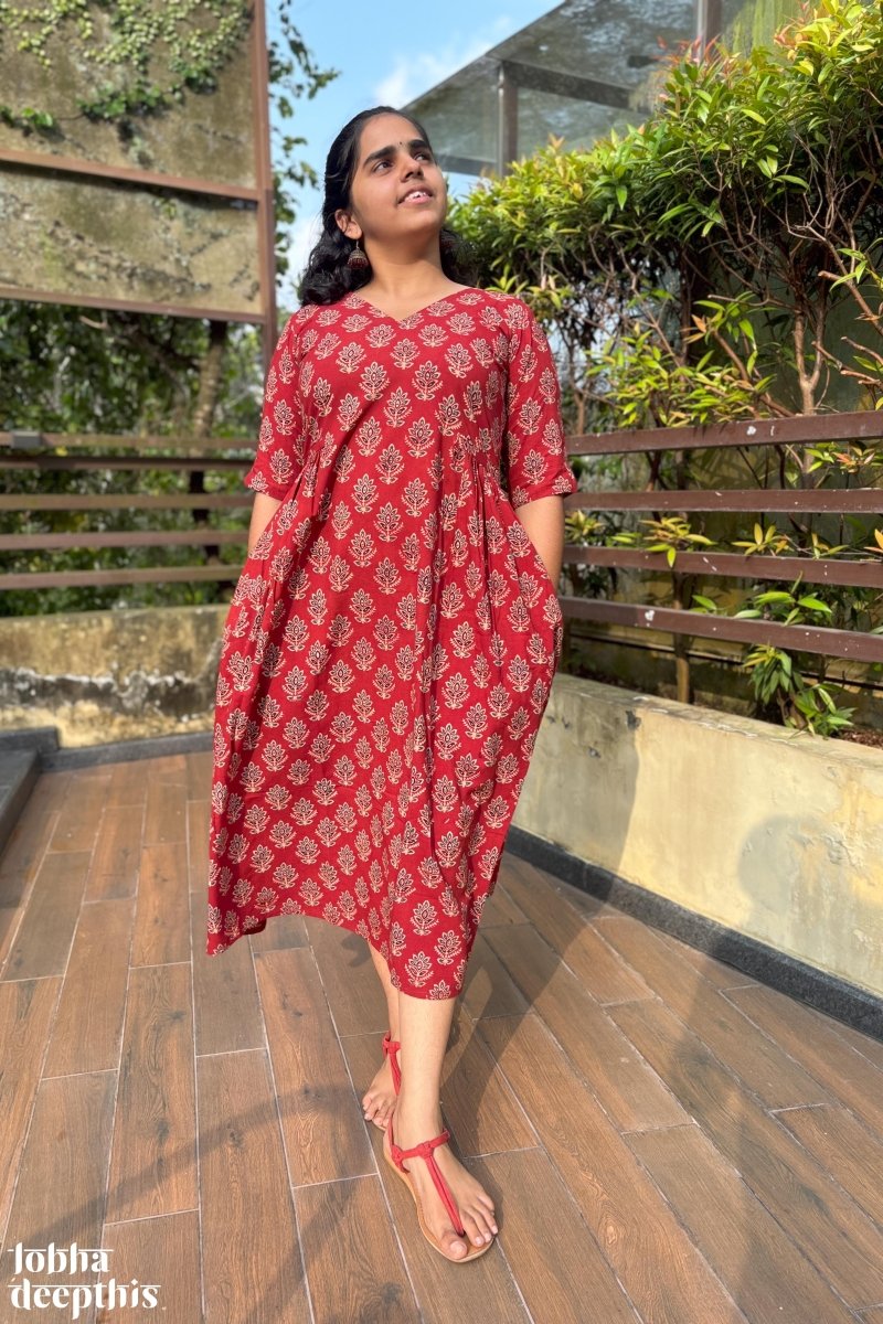 Manjari Madder Red Ajrakh Dress - Lobha Deepthis