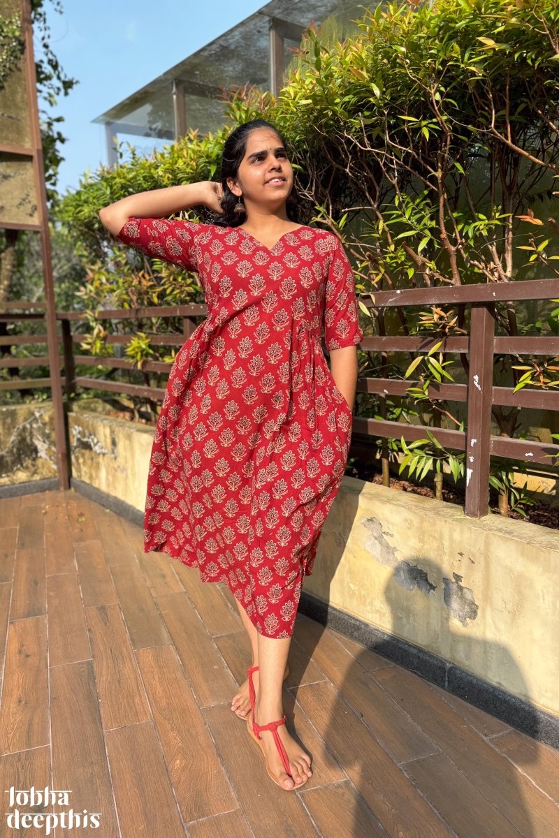 Manjari Madder Red Ajrakh Dress - Lobha Deepthis