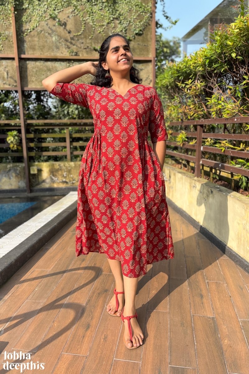 Manjari Madder Red Ajrakh Dress - Lobha Deepthis