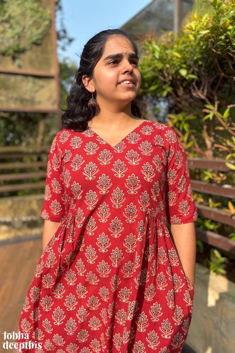 Manjari Madder Red Ajrakh Dress - Lobha Deepthis