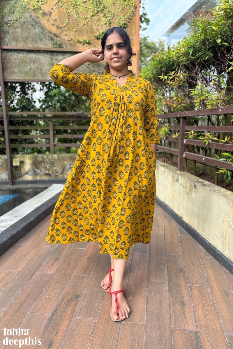 Manjari Turmeric Ajrakh Dress - Lobha Deepthis