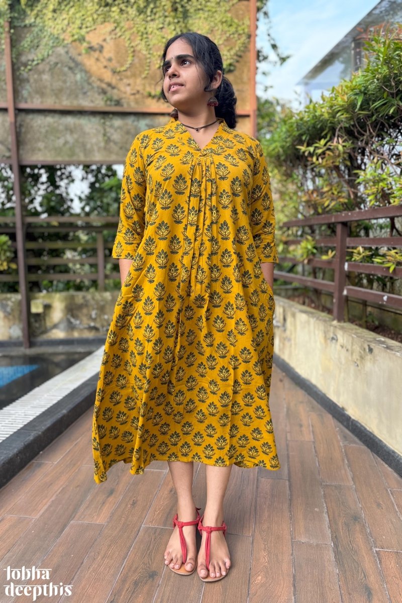 Manjari Turmeric Ajrakh Dress - Lobha Deepthis