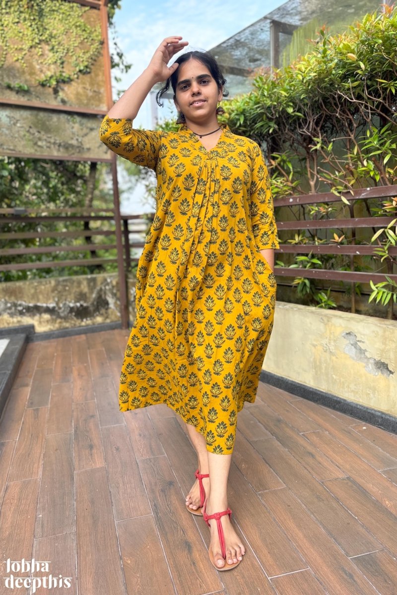 Manjari Turmeric Ajrakh Dress - Lobha Deepthis