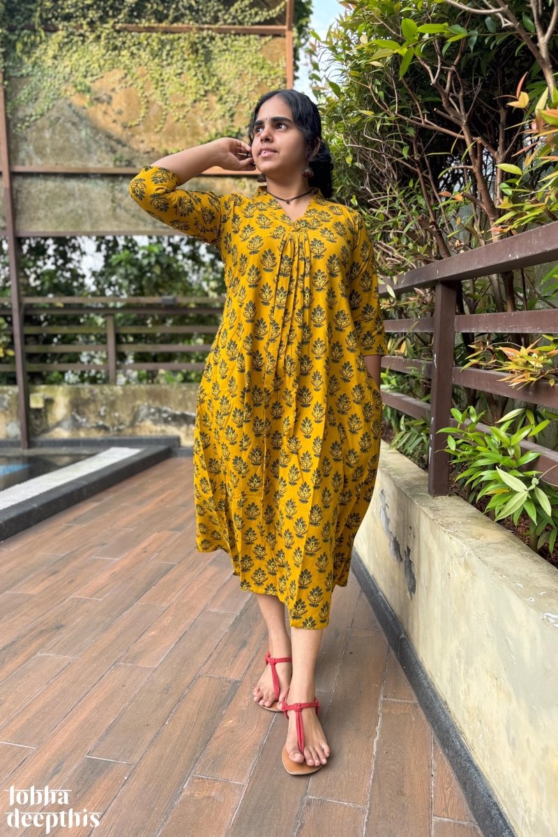 Manjari Turmeric Ajrakh Dress - Lobha Deepthis