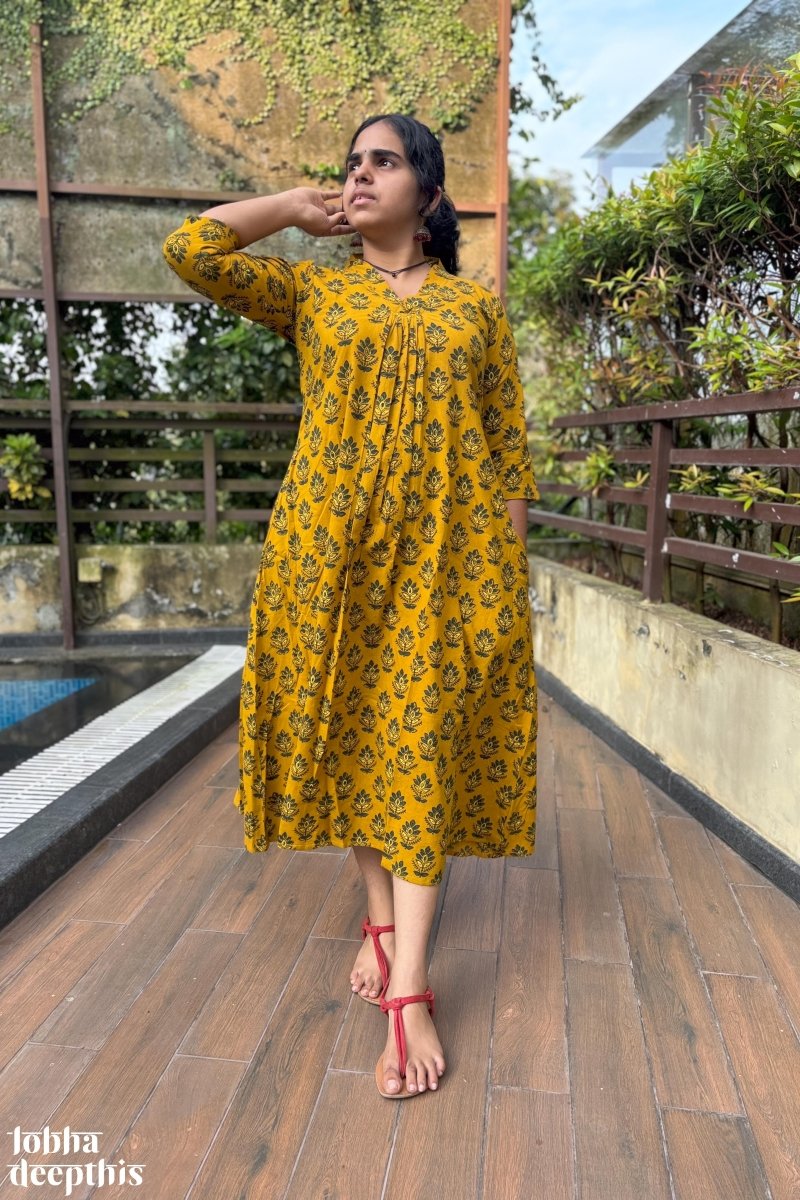 Manjari Turmeric Ajrakh Dress - Lobha Deepthis