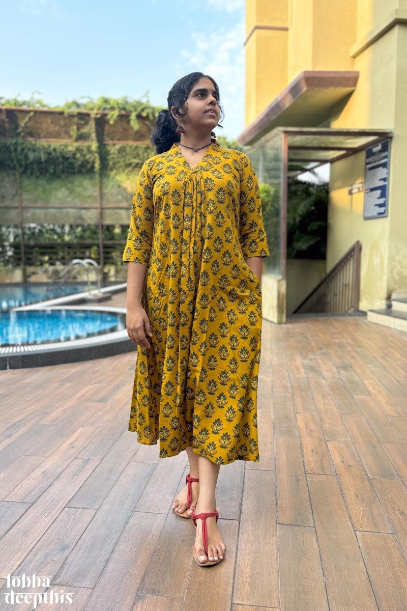 Manjari Turmeric Ajrakh Dress - Lobha Deepthis