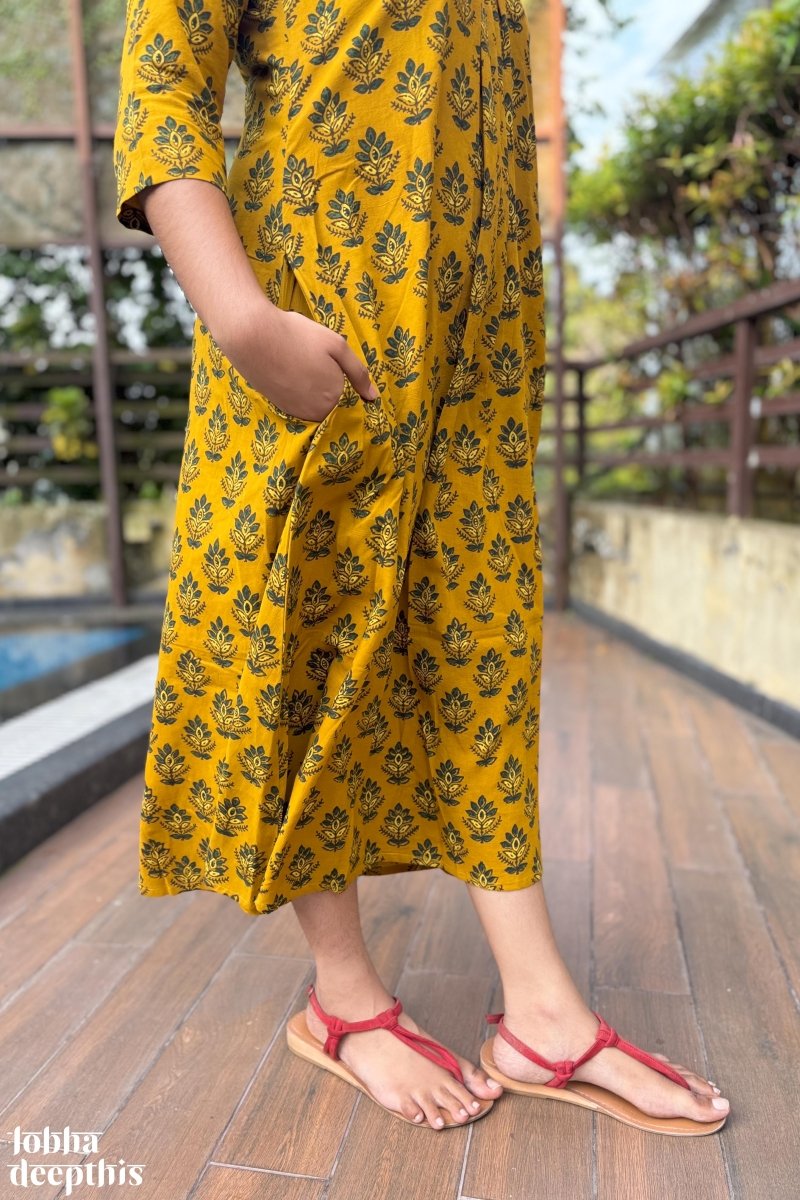 Manjari Turmeric Ajrakh Dress - Lobha Deepthis