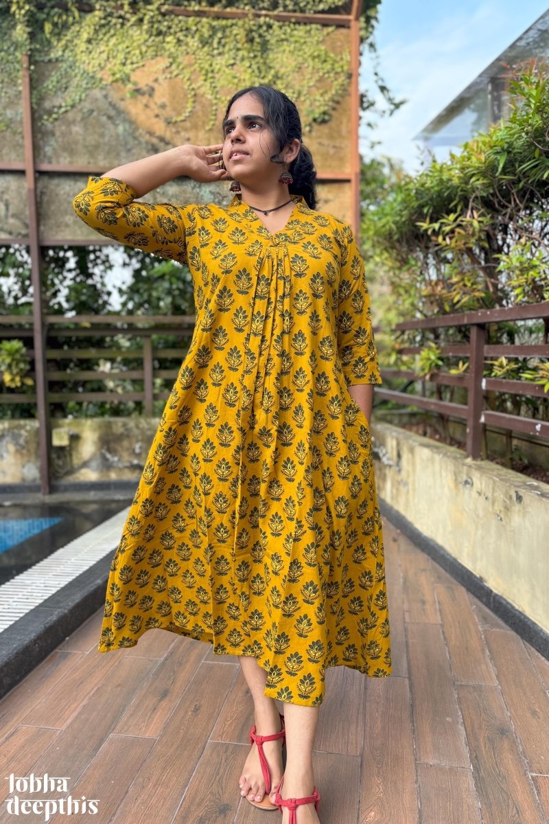 Manjari Turmeric Ajrakh Dress - Lobha Deepthis