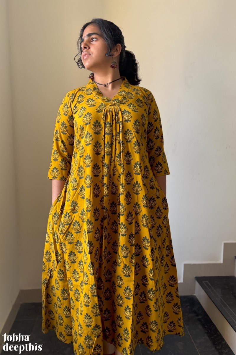 Manjari Turmeric Ajrakh Dress - Lobha Deepthis