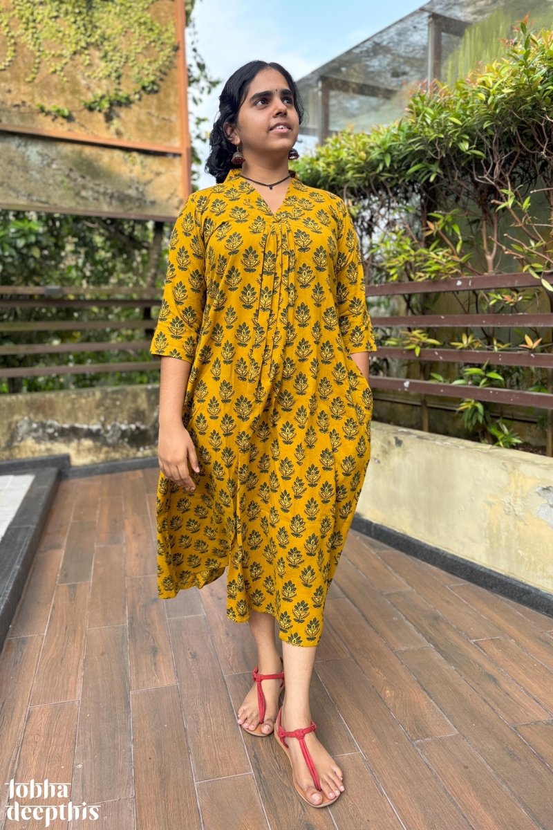 Manjari Turmeric Ajrakh Dress - Lobha Deepthis