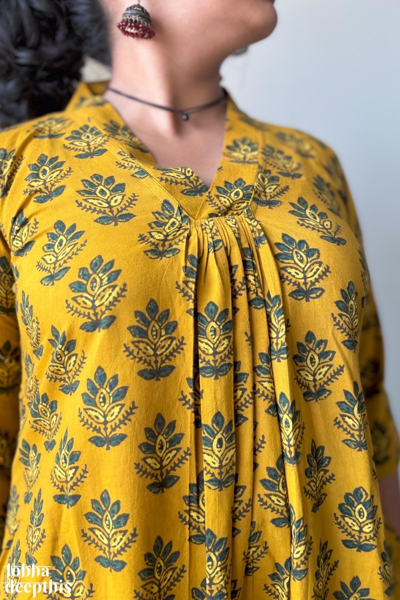 Manjari Turmeric Ajrakh Dress - Lobha Deepthis