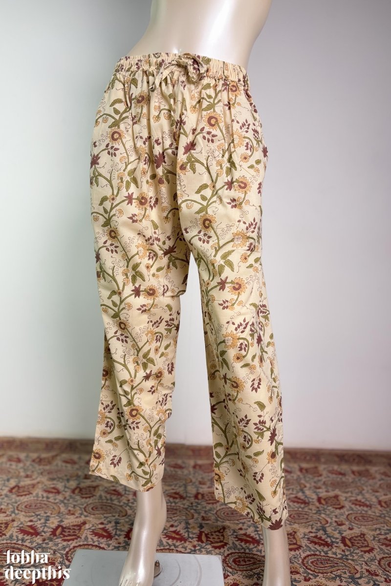 Marigold on Cream Sanganeri Straight Pants - Lobha Deepthis