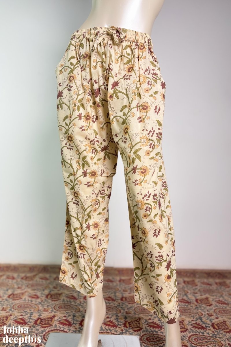 Marigold on Cream Sanganeri Straight Pants - Lobha Deepthis