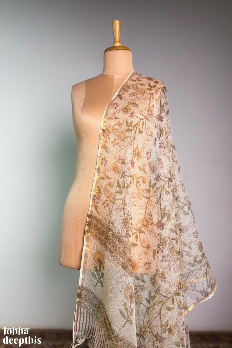 Marigolds on Cream Sanganeri Kota Doria Dupatta - Lobha Deepthis