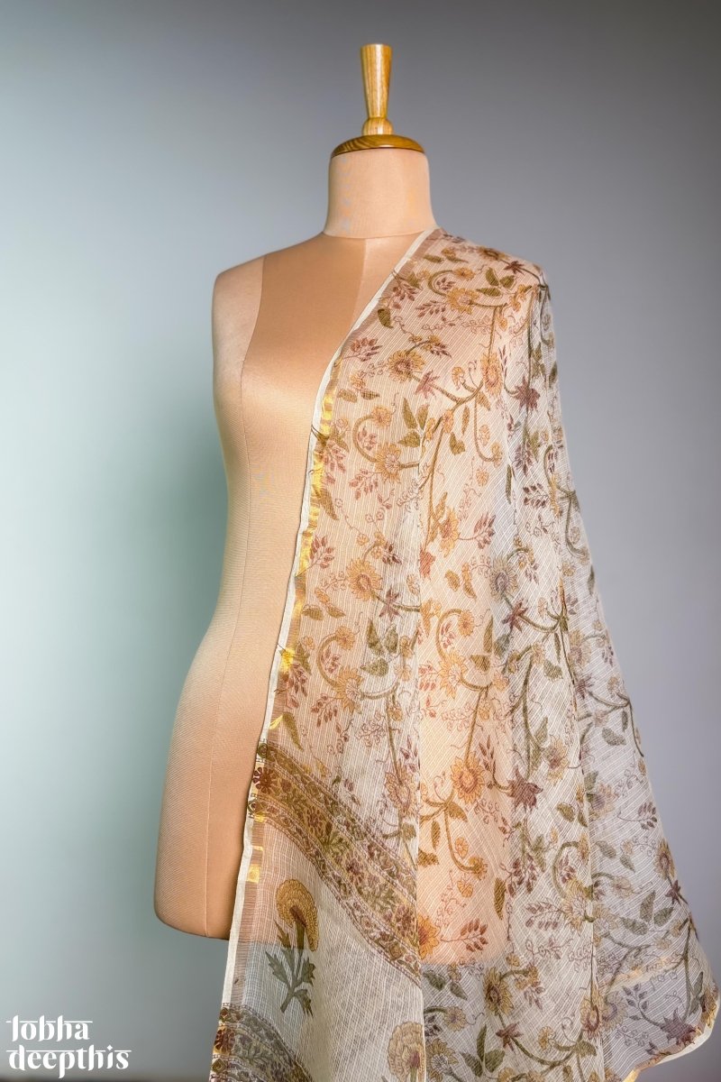 Marigolds on Cream Sanganeri Kota Doria Dupatta - Lobha Deepthis