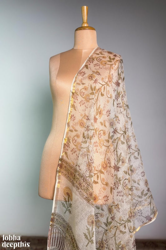 Marigolds on Cream Sanganeri Kota Doria Dupatta - Lobha Deepthis