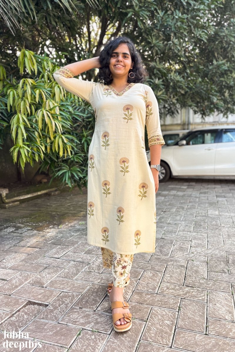 Marigolds on Cream Sanganeri Kurta - Lobha Deepthis