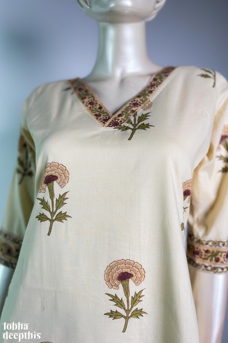 Marigolds on Cream Sanganeri Kurta - Lobha Deepthis