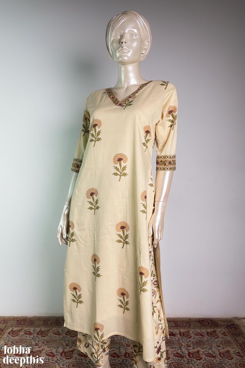 Marigolds on Cream Sanganeri Kurta - Lobha Deepthis