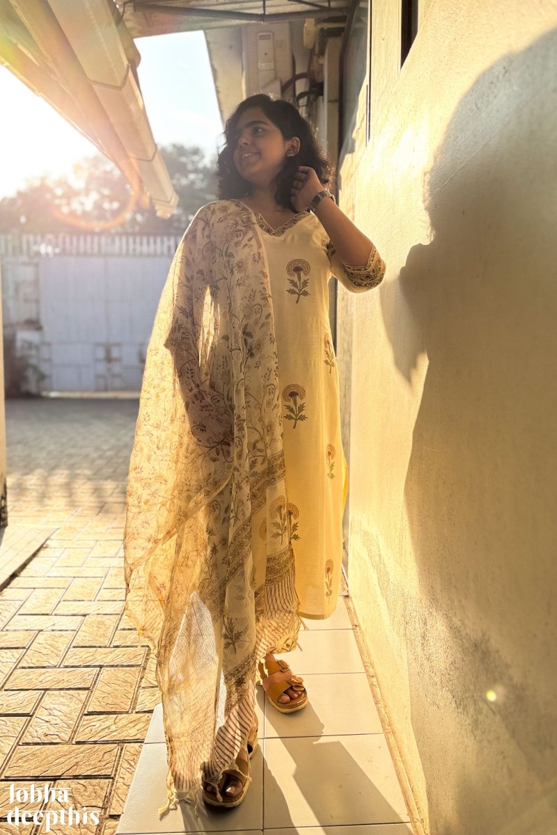 Marigolds on Cream Sanganeri Kurta - Lobha Deepthis