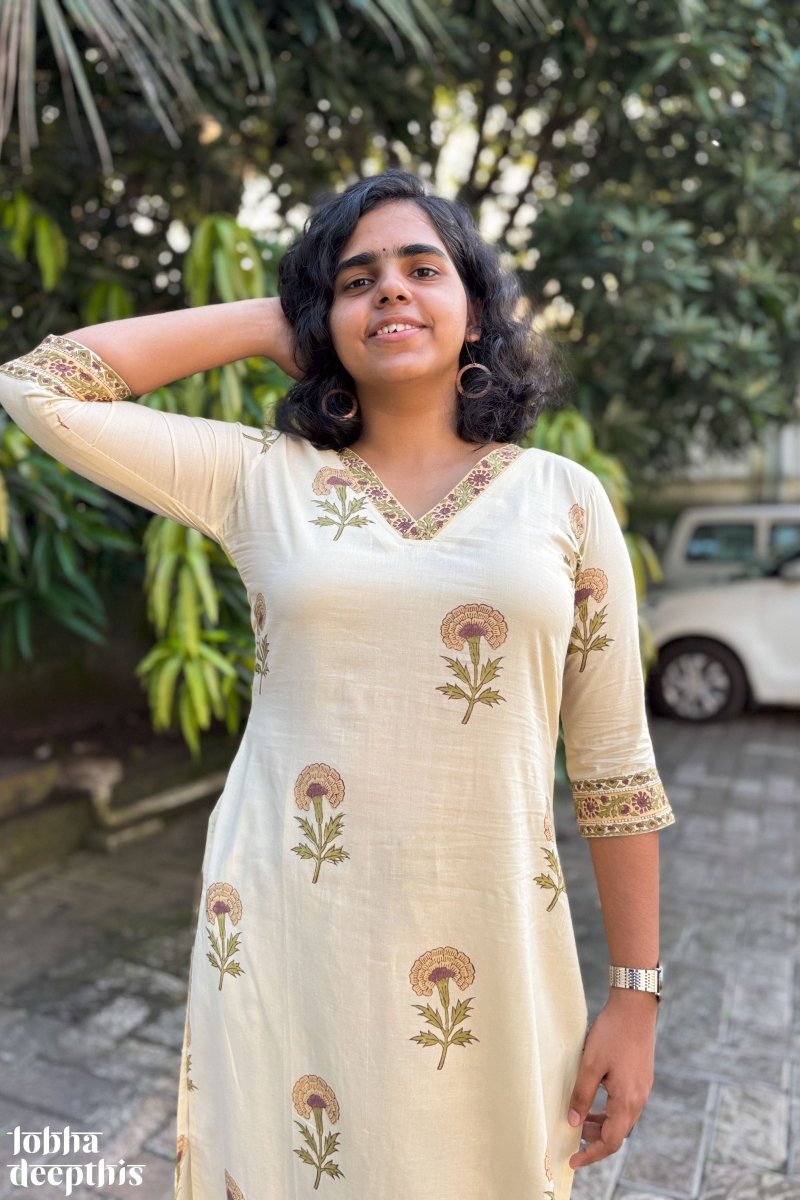 Marigolds on Cream Sanganeri Kurta - Lobha Deepthis