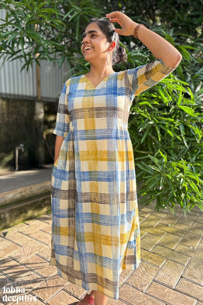 Marina Plaid Bagru Side Pleated Dress - Lobha Deepthis