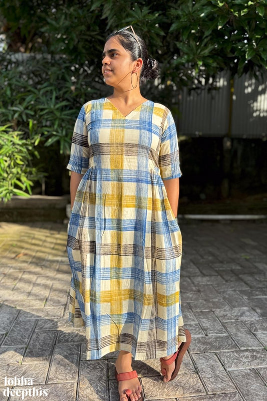 Marina Plaid Bagru Side Pleated Dress - Lobha Deepthis