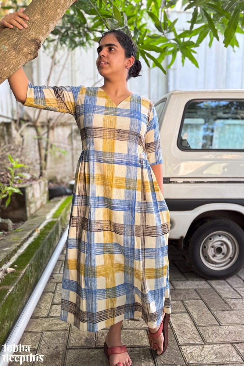 Marina Plaid Bagru Side Pleated Dress - Lobha Deepthis