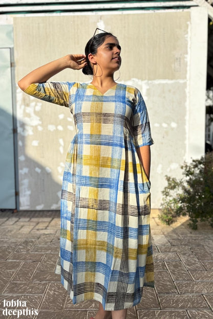 Marina Plaid Bagru Side Pleated Dress - Lobha Deepthis