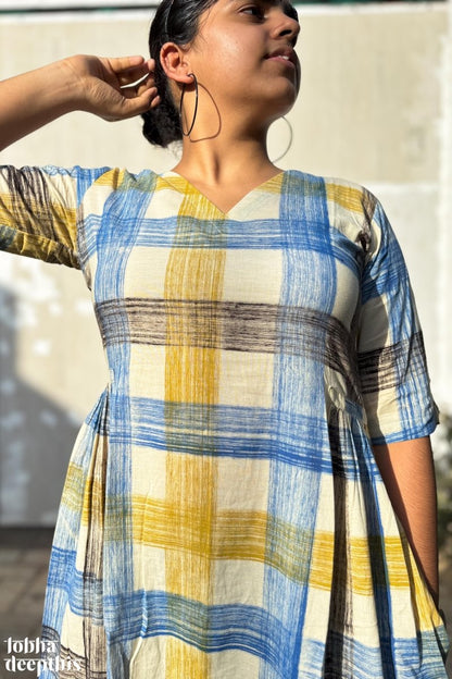 Marina Plaid Bagru Side Pleated Dress - Lobha Deepthis