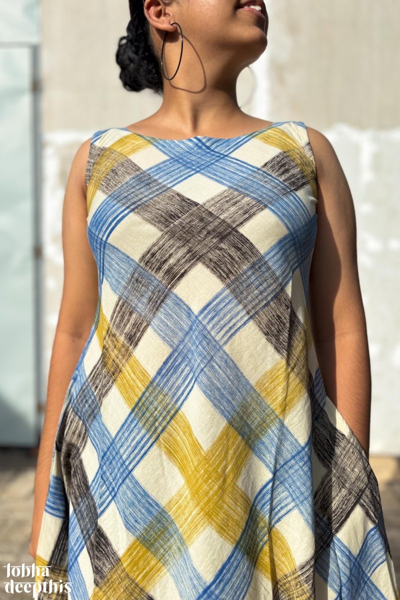 Marina Plaid Bagru Sleeveless Dress - Lobha Deepthis