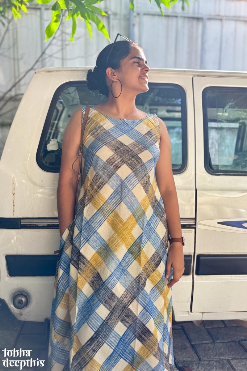 Marina Plaid Bagru Sleeveless Dress - Lobha Deepthis