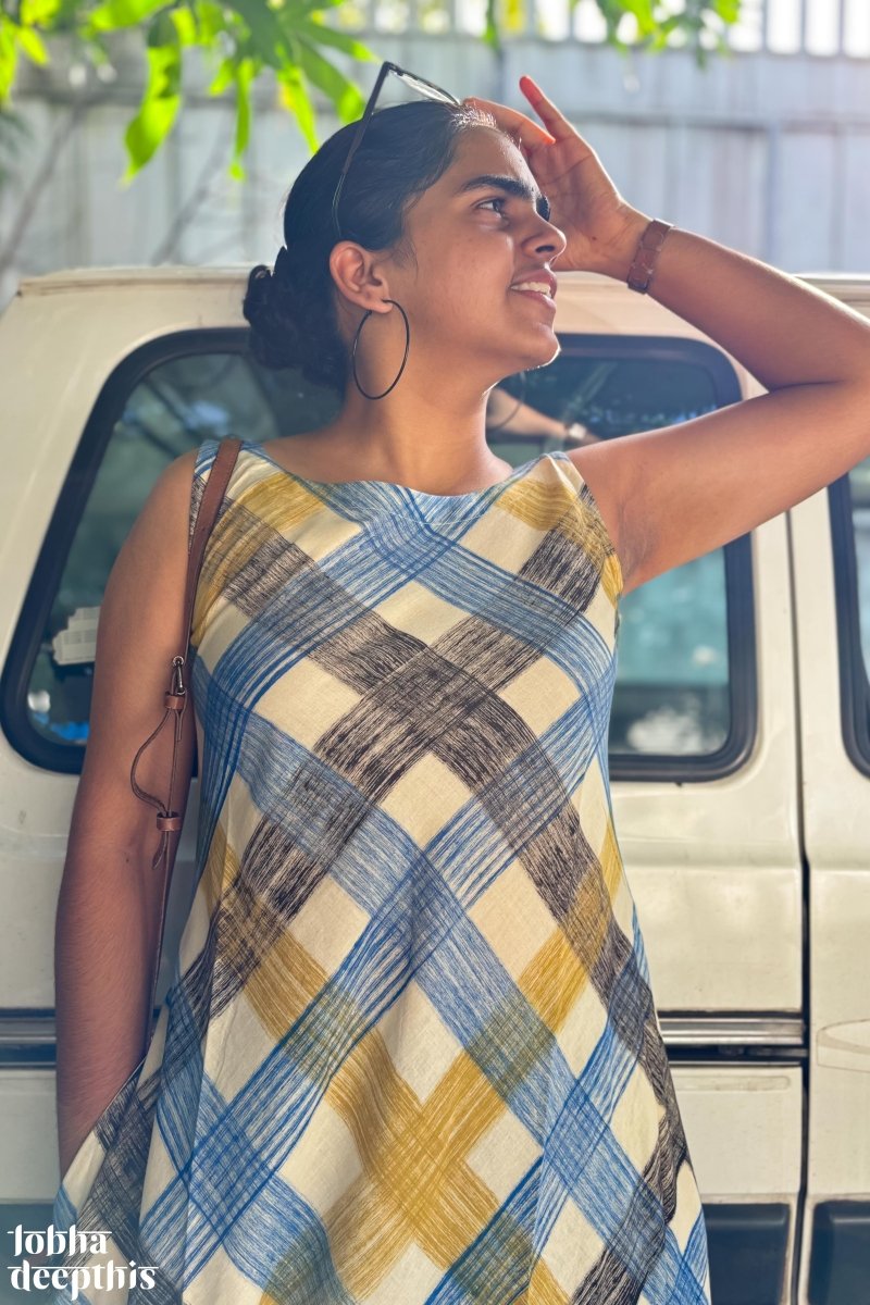 Marina Plaid Bagru Sleeveless Dress - Lobha Deepthis