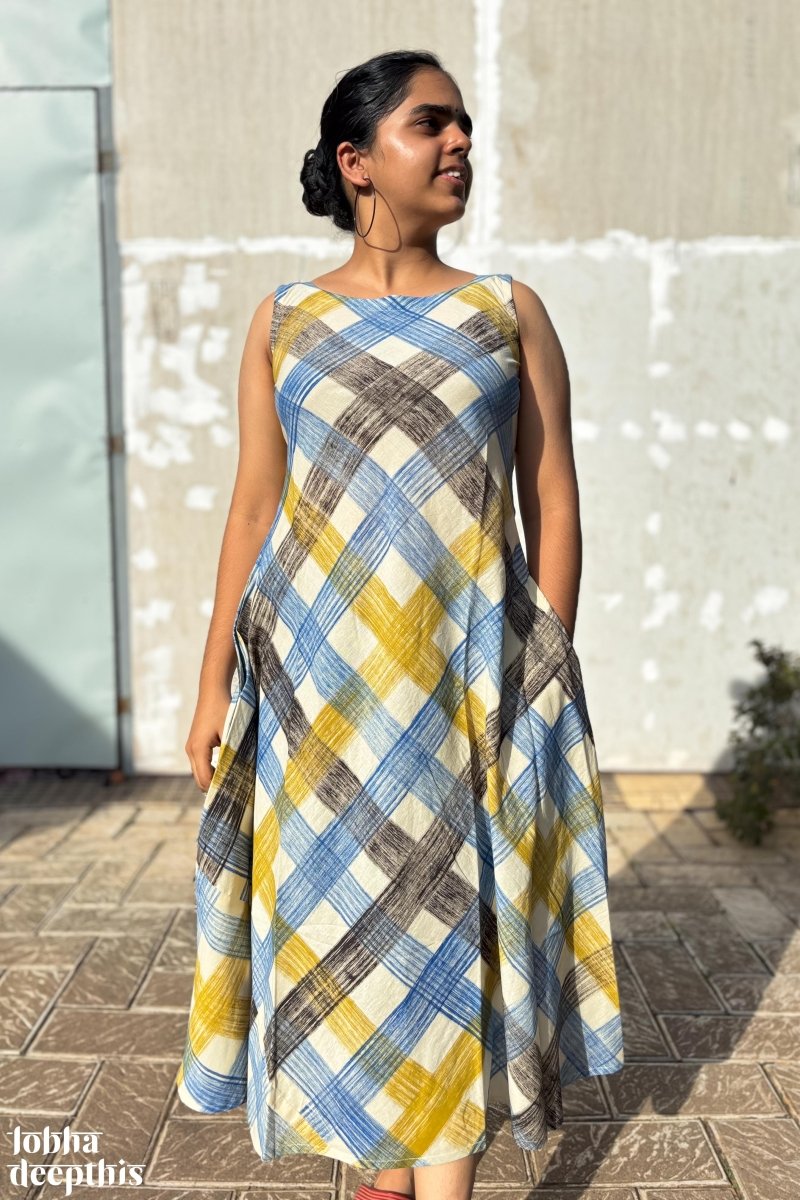 Marina Plaid Bagru Sleeveless Dress - Lobha Deepthis